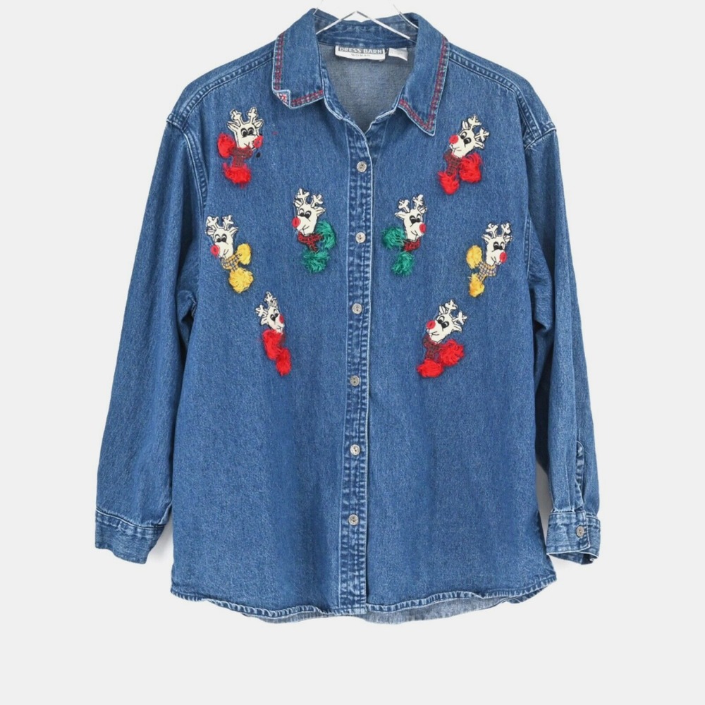 Vtg Christmas Denim Top Womens Size 1X Rudolph Holiday Chambray 90s Dress Barn